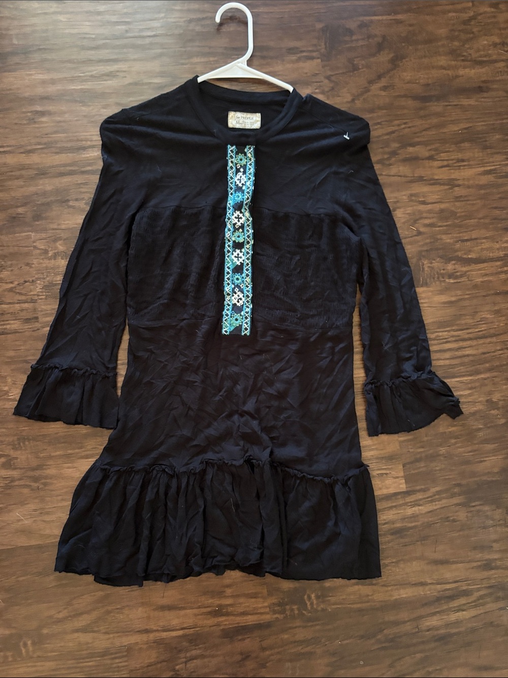 Free People Black Top with Turquoise Embroidered Placket